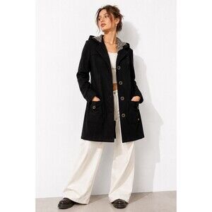 Roxy Black Wool Blend Hooded Long Coat XL Floral Lined Button Front Y2K